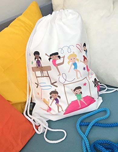 Mochila HECKBO® para niñas, bolsa de ballet de algodón - color blanco, estampada por ambos lados con gimnastas de colores, 40 x 30 cm, también adecuado para clases de gimnasia, el jardín de infancia