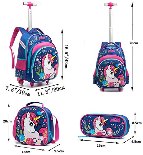 Mochila Unicornio Escolar con Ruedas niña,Estilo Princesa Estudiantes de Primaria Carros para Mochilas Bolsa de Almuerzo Estuche Escolares Equipaje de Viaje Multifuncional(Azul)