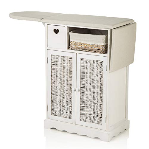 MONTEMAGGI Mueble de planchar Shabby Chic blanco con tabla y 1 cesta de mimbre y 2 puertas 66 x 37 x 87 cm (2 puertas + 1 cesta mimbres)