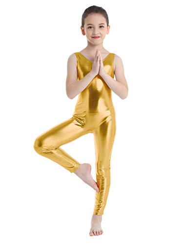 MSemis Maillot Gimnasia Ritmica para Niñas Mono Brillante Danza Ballet Body Maillot Largo Completo Leotardo para Chicas Ropa Bailarina Unitard Leotard Dorado 5-6 Años