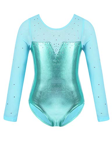 MSemis Maillot Patinaje Artístico Competición para Niñas Maillot Manga Larga Body Gimnasia Rítmica Leotardo Danza Ballet Clásica Ropa Brillante Disfraz Bailarina Rendimiento Celeste A 9-10 años