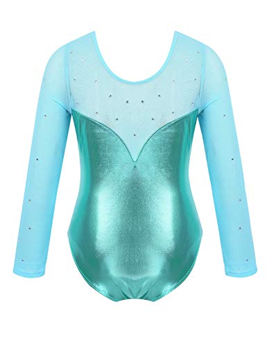 MSemis Maillot Patinaje Artístico Competición para Niñas Maillot Manga Larga Body Gimnasia Rítmica Leotardo Danza Ballet Clásica Ropa Brillante Disfraz Bailarina Rendimiento Celeste A 9-10 años