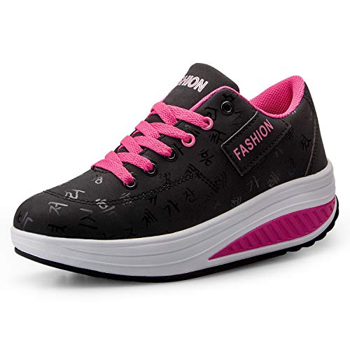 Mujer Adelgazar Zapatos Sneakers para Caminar Zapatillas Aptitud Cuña Plataforma Zapatos（36,Negro