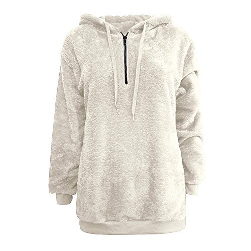 Mujer Caliente y Esponjoso Tops Chaqueta Suéter Abrigo Jersey Mujer Otoño-Invierno Talla Grande Hoodie Sudadera con Capucha riou (White, L)