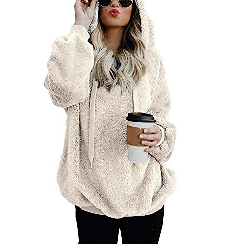 Mujer Caliente y Esponjoso Tops Chaqueta Suéter Abrigo Jersey Mujer Otoño-Invierno Talla Grande Hoodie Sudadera con Capucha riou (White, L)