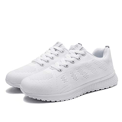 Mujer Entrenador Zapatos Gimnasio Deportes atléticos Zapatillas de Deporte Malla Informal Zapatos para Caminar Encaje Plano Blanco EU 41