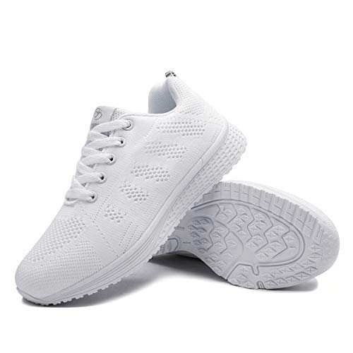 Mujer Entrenador Zapatos Gimnasio Deportes atléticos Zapatillas de Deporte Malla Informal Zapatos para Caminar Encaje Plano Blanco EU 41