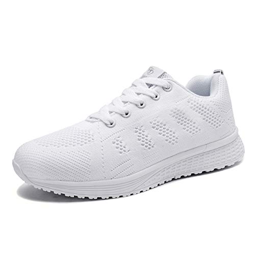 Mujer Entrenador Zapatos Gimnasio Deportes atléticos Zapatillas de Deporte Malla Informal Zapatos para Caminar Encaje Plano Blanco EU 41