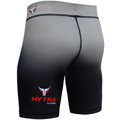 Mytra Fusion Pantalones Cortos Vale Tudo de compresión térmica MMA, con Capa Base, para Crossfit y para Correr, Negro y Gris, XL, de la Marca