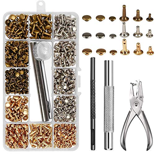 NACTECH 300 Set Remaches para Cuero 3 Tamaños Remaches Piel Metalicos Doble Tapa 6, 8, 12mm Remaches Tubulares Decorativos Para Cuero Reparación Cinturón Bolsos Fijación Dorados Bronce Plateado