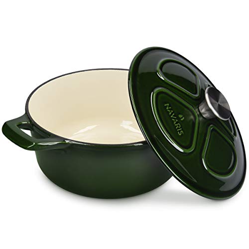 Navaris Cacerola de Hierro Fundido con Tapa - Cazuela con 2 Asas para cocinar en Horno Plancha - Olla cocotte Redonda 24 CM - Marmita de 3.5 L - Verde