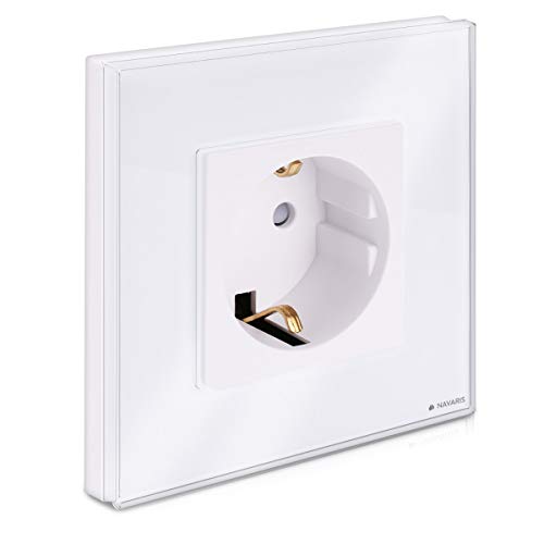 Navaris Enchufe con marco de cristal - Enchufe Schuko tipo F para empotrar - Placa de vidrio empotrable en pared con diseño elegante - Blanco