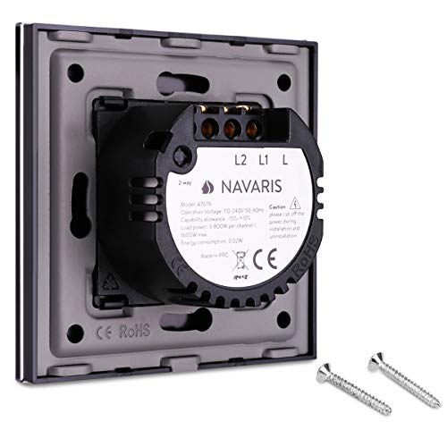 Navaris Interruptor de luz táctil para pared - Caja de cristal con pantalla táctil - Con 2 pulsadores indicador LED y material de montaje - Negro