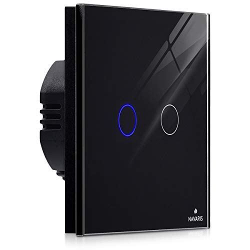 Navaris Interruptor de luz táctil para pared - Caja de cristal con pantalla táctil - Con 2 pulsadores indicador LED y material de montaje - Negro