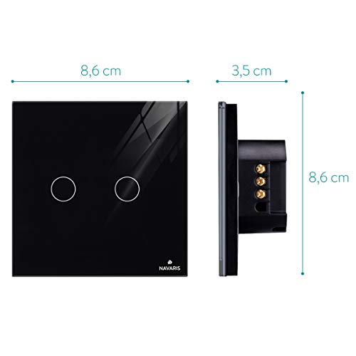 Navaris Interruptor de luz táctil para pared - Caja de cristal con pantalla táctil - Con 2 pulsadores indicador LED y material de montaje - Negro