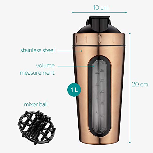 Navaris Shaker de proteína - Agitador portátil de bebidas proteínas de 1L para fitness gym entrenamiento - Batidora de acero inoxidable sin BPA