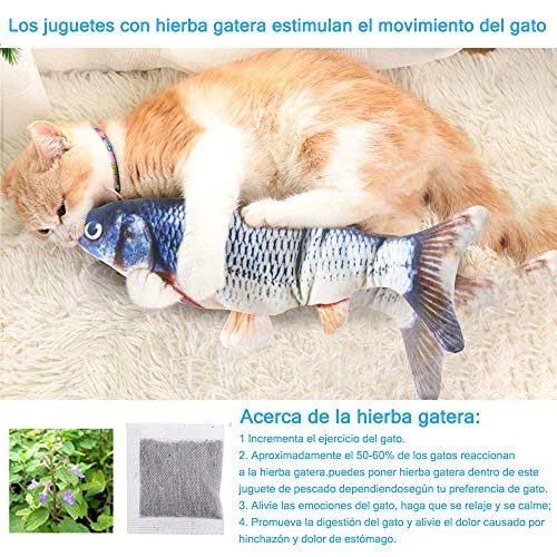 Nepfaivy Juguetes Pez para Gatos - Juguete Interactivo Hierba Gatera, Pez de Simulación de Felpa Móvil con Carga USB, Suministros para Gatos Que Se Pueden Usar para Morder, Patear y Dormir