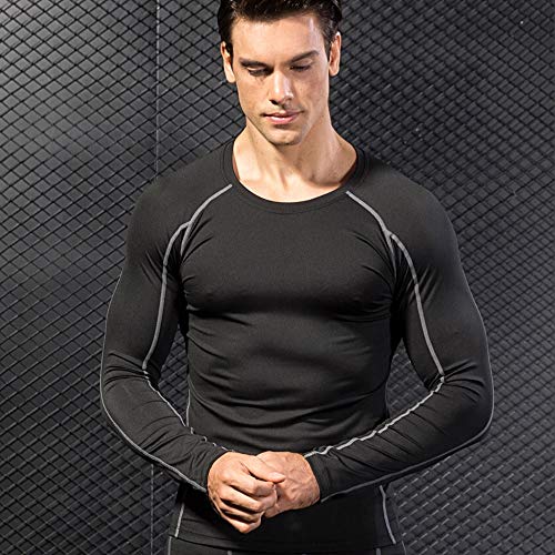 Niksa 2 Piezas Camisetas de Fitness Compresión Ropa Deportiva Manga Larga Hombre para Correr, Ejercicio,Gimnasio 1059 (Large(Fit Chest 37"-39"), (Manga Larga) Negro Gris+Azul Marino)