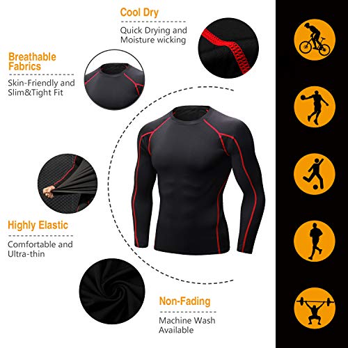 Niksa 2 Piezas Camisetas de Fitness Compresión Ropa Deportiva Manga Larga Hombre para Correr, Ejercicio,Gimnasio 1059 (X-Large(Fit Chest 38.5"-40.5"), (Manga Larga) Gris Negro+Negro Rojo)