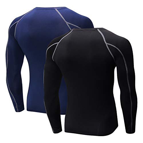 Niksa 2 Piezas Camisetas de Fitness Compresión Ropa Deportiva Manga Larga Hombre para Correr, Ejercicio,Gimnasio 1059 (XX-Large(Fit Chest 40"-42"), (Manga Larga) Negro Gris+Azul Marino)