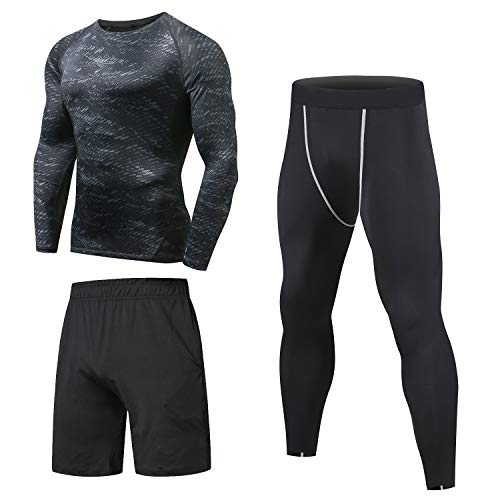 Niksa 3 Piezas Conjunto de Compresion Hombre, Camisetas Compression Mallas Running Pantalon Corto Deporte Ropa Deportiva Hombre para Running, Correr, Gym, Fitness M