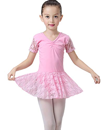 Niñas Traje Vestido Tutú de Ballet Baile Falda de Danza Maillot Ropa de Gimnasia Leotarto Clásico de Encaje con Manga Corta Elástico