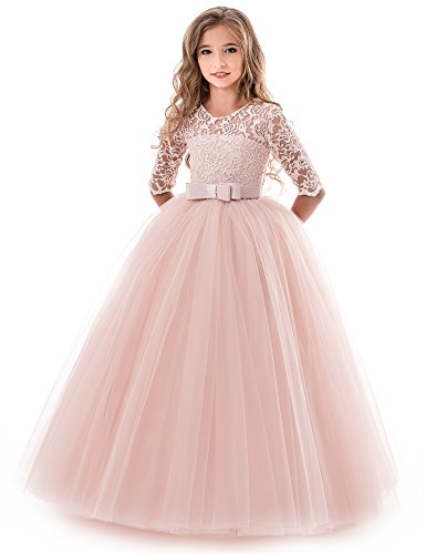 NNJXD Chicas Pompa Bordado Vestido de Bola Princesa Boda Vestir Talla(150) 9-10 años 378 Rosa-A