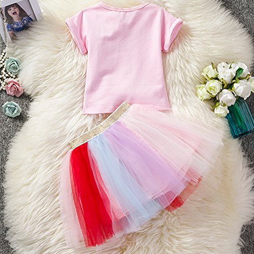 NNJXD Niñas Vestidos Unicornio Conjunto de Ropa de 2 Piezas con Chaquetas Rosas + Faldas de Arco Iris de tutú tamaño（130） 5-6 Años Rosa