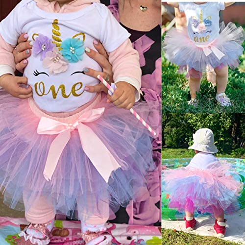 NNJXD Unicornio Arco Iris Tutú Primer Cumpleaños Trajes de 3 Piezas Mameluco + Falda + Diadema