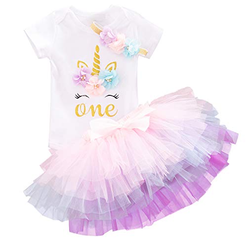 NNJXD Unicornio Arco Iris Tutú Primer Cumpleaños Trajes de 3 Piezas Mameluco + Falda + Diadema