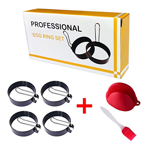 N\O 4 Piezas Huevo Antiadherentes Anillo Molde de Acero Inoxidable para Huevos con Asas Plegables para Hacer Huevo Panqueques Fritos y Escalfados Crumpetas Tortitas con Pinceles y Clip Molde de Huevo