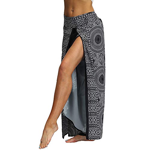 Nuofengkudu Mujer Hippie Largo Pantalones Dividir Pata Ancha Flores Estampados Sueltos Elegantes Comodos Thai Yoga Pants Verano Playa Vacaciones(Negro Floral A,S/M)