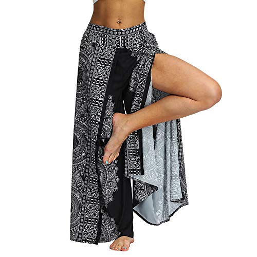 Nuofengkudu Mujer Hippie Largo Pantalones Dividir Pata Ancha Flores Estampados Sueltos Elegantes Comodos Thai Yoga Pants Verano Playa Vacaciones(Negro Floral A,S/M)