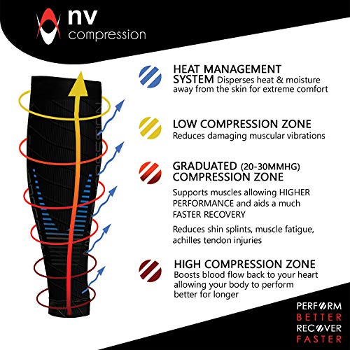 NV Compression Race and Recover Calentadores de Pantorrilla de compresión Negros - Compression Calf Sleeves - Sports Recovery, Work, Flight - Running, Cycling, Gym (Black/Grey Stripes, S-M)