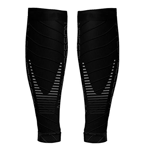 NV Compression Race and Recover Calentadores de Pantorrilla de compresión Negros - Compression Calf Sleeves - Sports Recovery, Work, Flight - Running, Cycling, Gym (Black/Grey Stripes, S-M)