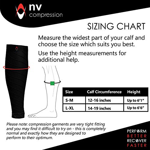 NV Compression Race and Recover Calentadores de Pantorrilla de compresión Negros - Compression Calf Sleeves - Sports Recovery, Work, Flight - Running, Cycling, Gym (Black/Grey Stripes, S-M)