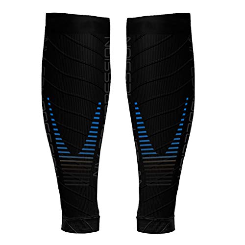 NV Compression Race and Recover Calentadores de Pantorrilla de compresión Negros - Compression Calf Sleeves - Sports Recovery, Work, Flight - Running, Cycling, Gym (Black/Blue Stripes, S-M)