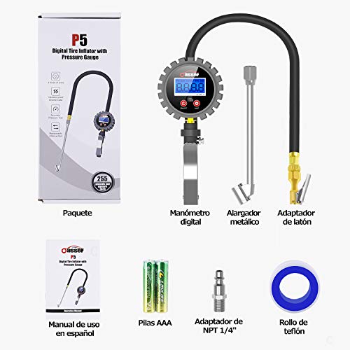 Oasser Manómetro Presión Neumáticos Digital 0-18bar Manómetro Inflador Neumáticos para Compresor Medidor Presión Neumáticos Profesional Portátil para Coche Moto Bicicleta y Camión 0-255psi P5