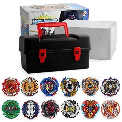 OBEST Conjunto de Peonzas Juguetes con Estuche Portátil, 12 Nuevo Nado Spinner Tops con 2 Turbo Burst Lanzador, Gyro Spinning Pocket-Box