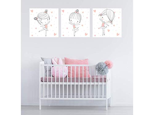 Oedim Pack de 3 Cuadros Infantiles Cartón Ecológico Bailarinas |30 x 30 cm | Decoración Habitación Diseño Elegante | Cantos Impresos |