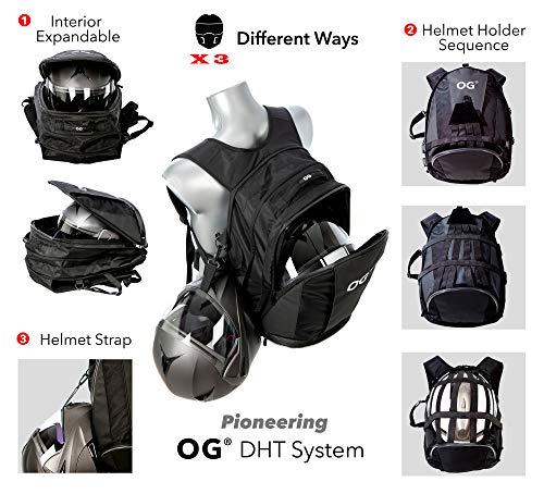 OG Online&Go EZ-RiderPRO Mochila Moto Negra Expandible 28-35L, Bolsa Porta-Cascos Motorista, Correa Casco, Impermeable, Portátil, Reflectante (Logo Blanco)