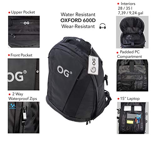 OG Online&Go EZ-RiderPRO Mochila Moto Negra Expandible 28-35L, Bolsa Porta-Cascos Motorista, Correa Casco, Impermeable, Portátil, Reflectante (Logo Blanco)