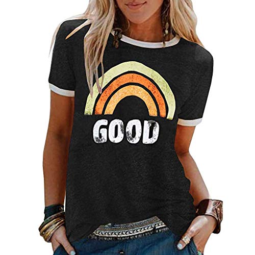 Onsoyours Mujer Good Vibes Camisa Manga Corta Arcoiris Impresión de Talla Adolescentes Blusa Camisa Cuello Redondo Basica Camiseta Suelto Verano Tops Casual Fiesta T-Shirt A Negro M