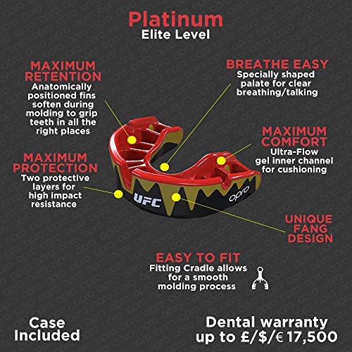 OPRO Protector bucal UFC Adulto para MMA, Boxeo, BJJ, Karate y Otros Deportes de Combate - 18 Meses de garantía Dental (Negro, Nivel de Protección: Platino)