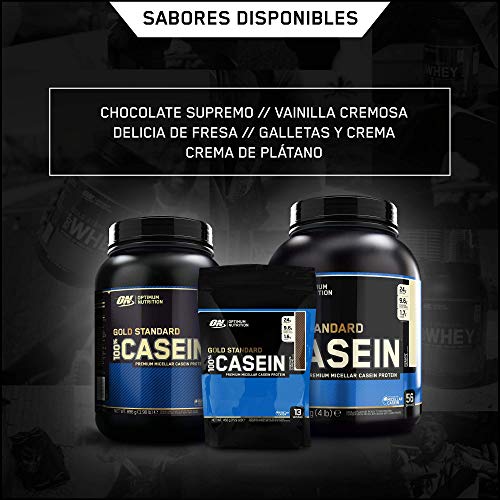 Optimum Nutrition ON 100% Gold Standard Casein, Proteínas en Polvo con BCAA Aminoacidos Ramificados y Esenciales, para recuperación, bajo en Azúcar, Galletas y Crema, 28 porciones, 0.9 kg