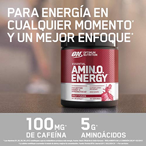 Optimum Nutrition ON Amino Energy Pre Workout en Polvo, Bebida Energética con Beta Alanina, Vitamina C, Cafeína, Aminoacidos Incluyendo BCAA, Fruit Fusion, 30 Porciones, 270 g, Embalaje Puede Variar