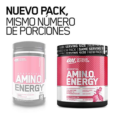 Optimum Nutrition ON Amino Energy Pre Workout en Polvo, Bebida Energética con Beta Alanina, Vitamina C, Cafeína, Aminoacidos Incluyendo BCAA, Sandía, 30 Porciones, 270g, Embalaje Puede Variar