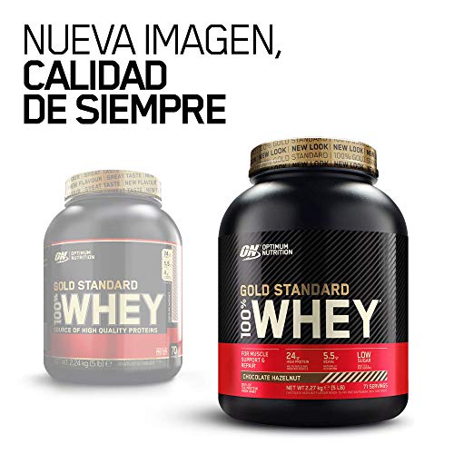 Optimum Nutrition ON Gold Standard 100% Whey Proteína en Polvo Suplementos Deportivos, Glutamina y Aminoacidos, BCAA, Chocolate y Avellana, 70 porciones, 2.24 kg, Embalaje puede variar