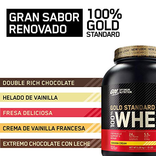 Optimum Nutrition ON Gold Standard 100% Whey Proteína en Polvo Suplementos Deportivos, Glutamina y Aminoacidos, BCAA, Crema de Plátano, 76 Porciones, 2.28kg, Embalaje Puede Variar