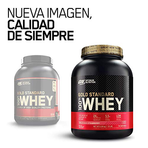 Optimum Nutrition ON Gold Standard 100% Whey Proteína en Polvo Suplementos Deportivos, Glutamina y Aminoacidos, BCAA, Fresa Deliciosa, 76 Porciones, 2.28 kg, Embalaje Puede Variar